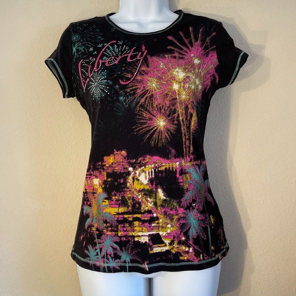 B.L.E.U. Liberty Jeweled Tee Black Fuchsia Graphic Cap Sleeve Size S Patriotic